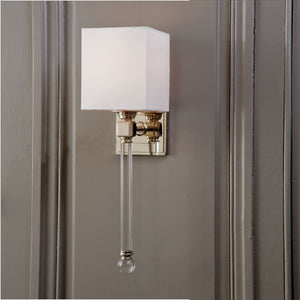 Crystal and polished silver wall sconce with white shade