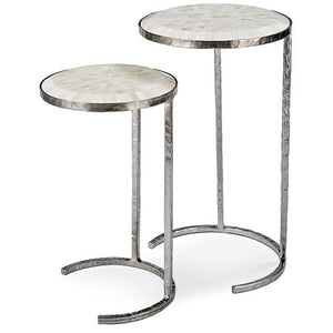Nesting tables in silver metal with bone veneer inlayed top