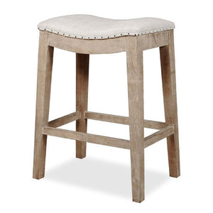 Counter stool in wood with fabric seat and nailhead trim