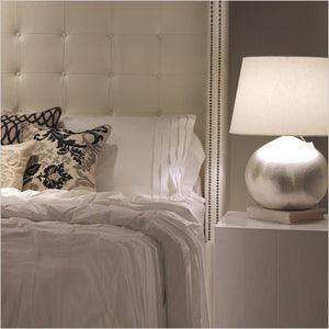 Round matte metallic silver table lamp with white shade