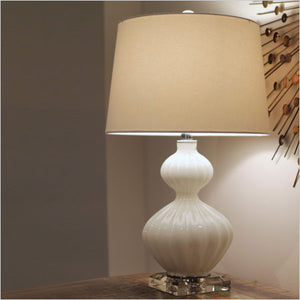 Rippled white glass table lamp with crystal accents