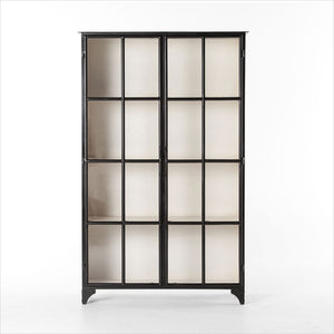 black metal display cabinet with glass doors