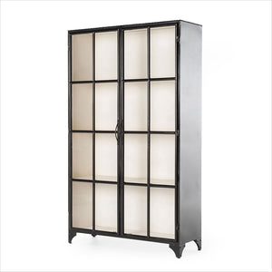 black metal display cabinet with glass doors