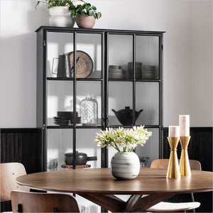 black metal display cabinet with glass doors