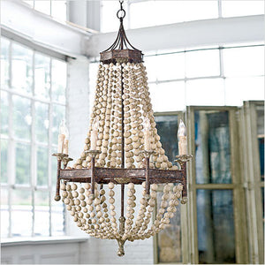 Cascading wood bead chandelier