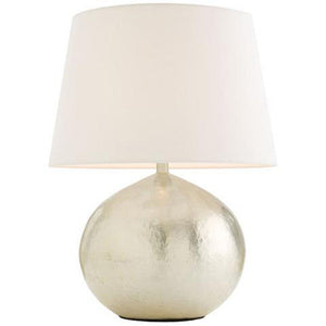 Round matte metallic silver table lamp with white shade