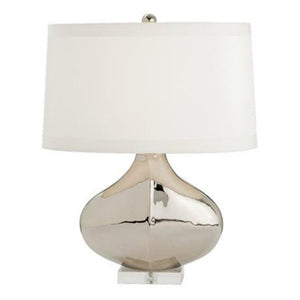 Polished silver nickel table lamp with oval white shade