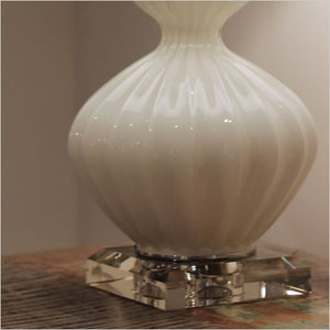 Rippled white glass table lamp with crystal accents