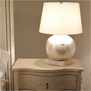 Round matte metallic silver table lamp with white shade